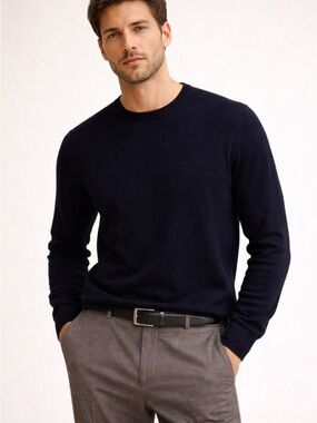 Zara Men’s Navy Crewneck Sweater Minimal Classic Knit Size XL